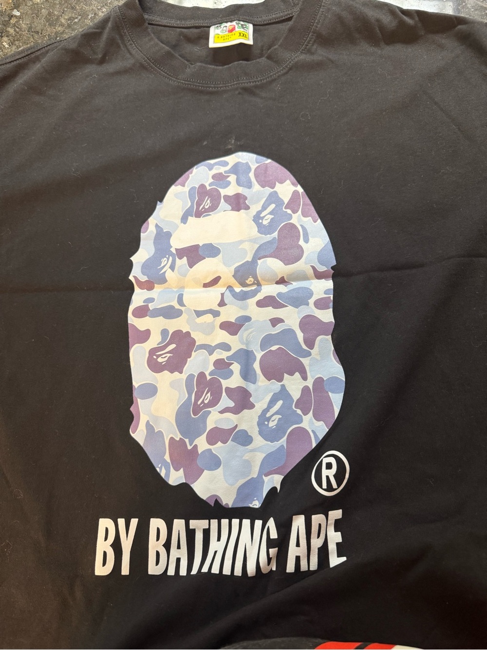 Bape Black Tee with Purple & Light Blue Camo Ape Head